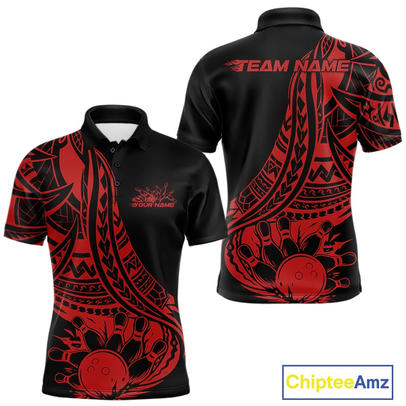 Black and red polo shirt with tribal patterns on a white background, featuring 'Chiptee Amz' branding.