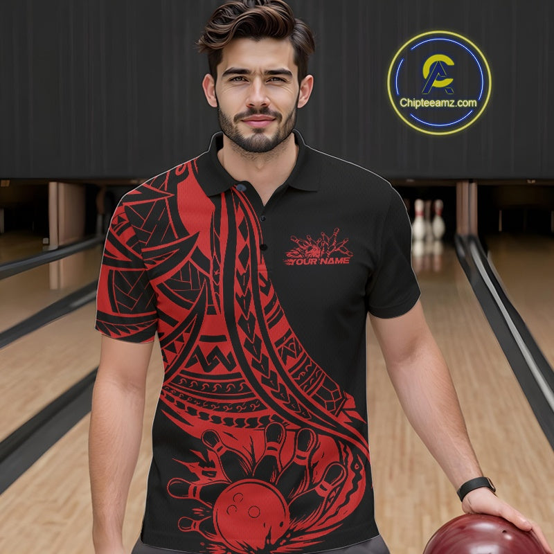 Man wearing a black and red polynesian tribal pattern bowling shirt with a design on a bowling alley.