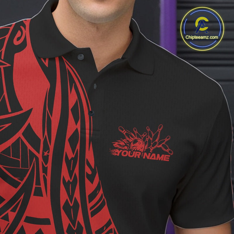 Custom Black And Red Maori Style Koru Spiral Tribal Men Bowling Polo Team Shirt IPHW10961