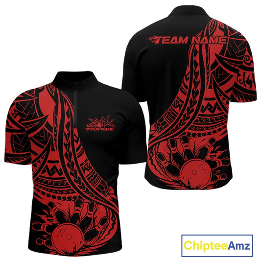 Black and red polo shirt with polynesian tribal patterns and 'Team Name' text on a white background