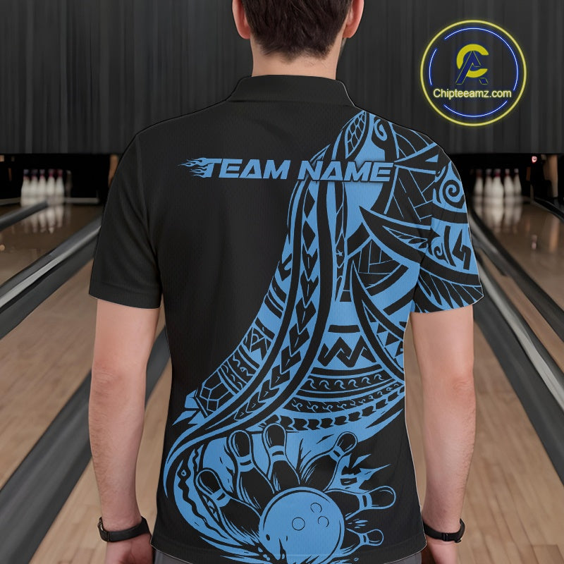 Custom Black And Blue Maori Style Koru Spiral Tribal Men Bowling Polo Team Shirt IPHW10962