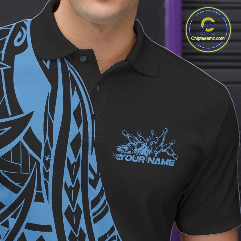Custom Black And Blue Maori Style Koru Spiral Tribal Men Bowling Polo Team Shirt IPHW10962