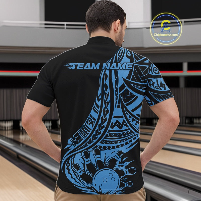 Custom Black And Blue Maori Style Koru Spiral Tribal Men Bowling Quarter-Zip Team Shirt IPHW10962
