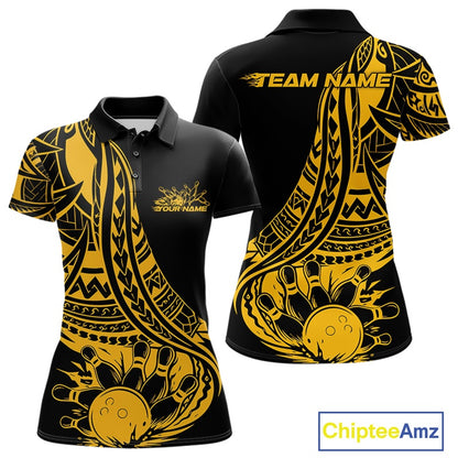 Custom Black And Yellow Maori Style Koru Spiral Tribal Women Bowling Polo Team Shirt IPHW10963