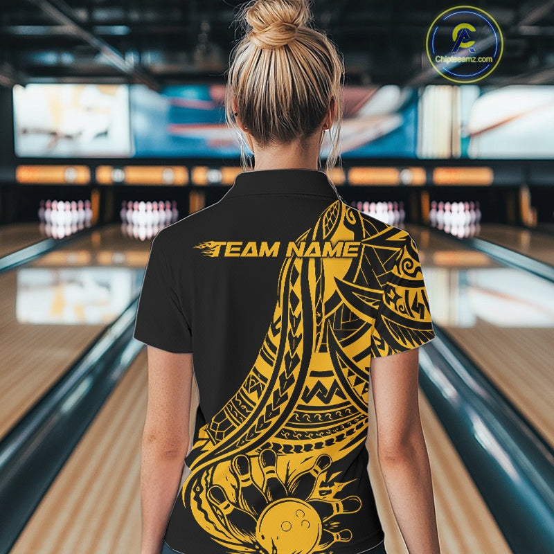 Custom Black And Yellow Maori Style Koru Spiral Tribal Women Bowling Polo Team Shirt IPHW10963