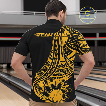 Custom Black And Yellow Maori Style Koru Spiral Tribal Men Bowling Quarter-Zip Team Shirt IPHW10963