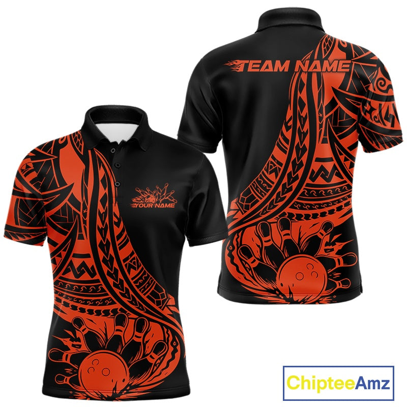 Custom Black And Orange Maori Style Koru Spiral Tribal Men Bowling Polo Team Shirt IPHW10964