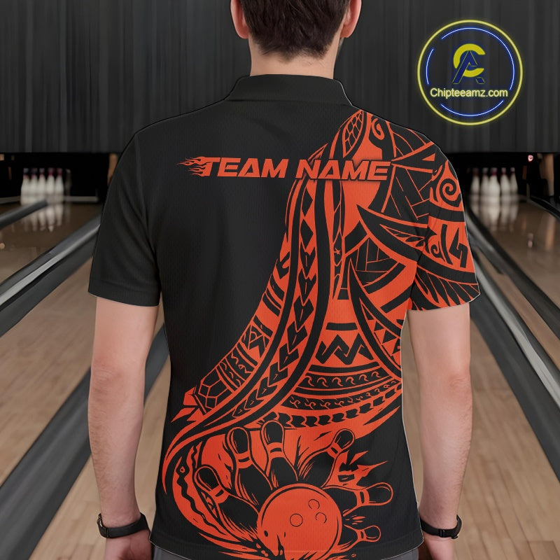 Custom Black And Orange Maori Style Koru Spiral Tribal Men Bowling Polo Team Shirt IPHW10964