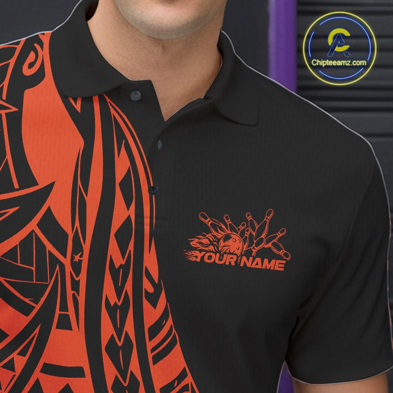 Custom Black And Orange Maori Style Koru Spiral Tribal Men Bowling Polo Team Shirt IPHW10964