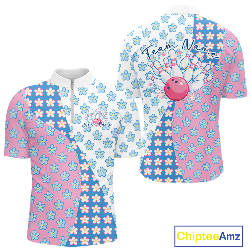 Mens quarter zip bowling shirt mockup showcasing white, blue, and pink floral pattern in a clean front and back presentation