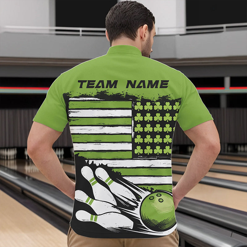 Custom Saint Patricks Bowling Quarter-Zip Shirts For Men, Shamrock Flag US Bowling Team Shirt IPHW8576