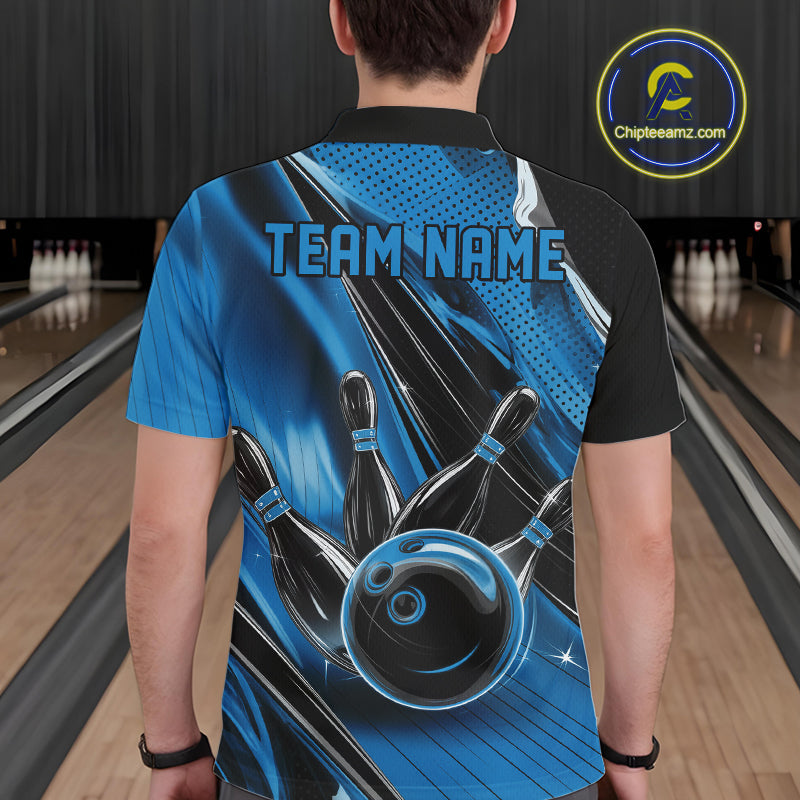 Back view of a male model in a black and blue bowling polo shirt displaying bowling strike graphics with motion streak details.