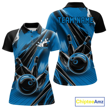 Front and back views of a black and blue womens bowling polo shirt showcasing a bowling ball striking pins with speed streak effects.