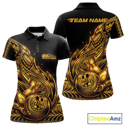 Front and back views of a black and gold womens bowling polo shirt featuring bowling ball and pin graphics accented by flowing tribal flames.