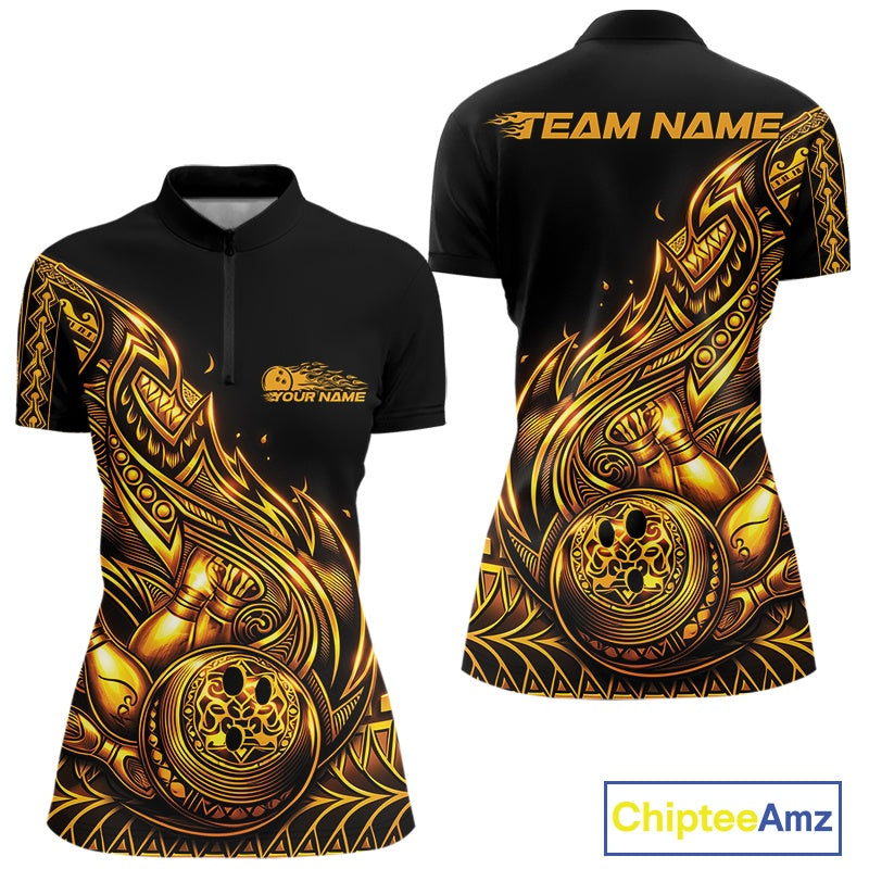 Front and back views of a black and gold womens bowling quarter-zip shirt decorated with bowling pins, a ball, and flowing tribal flame patterns.