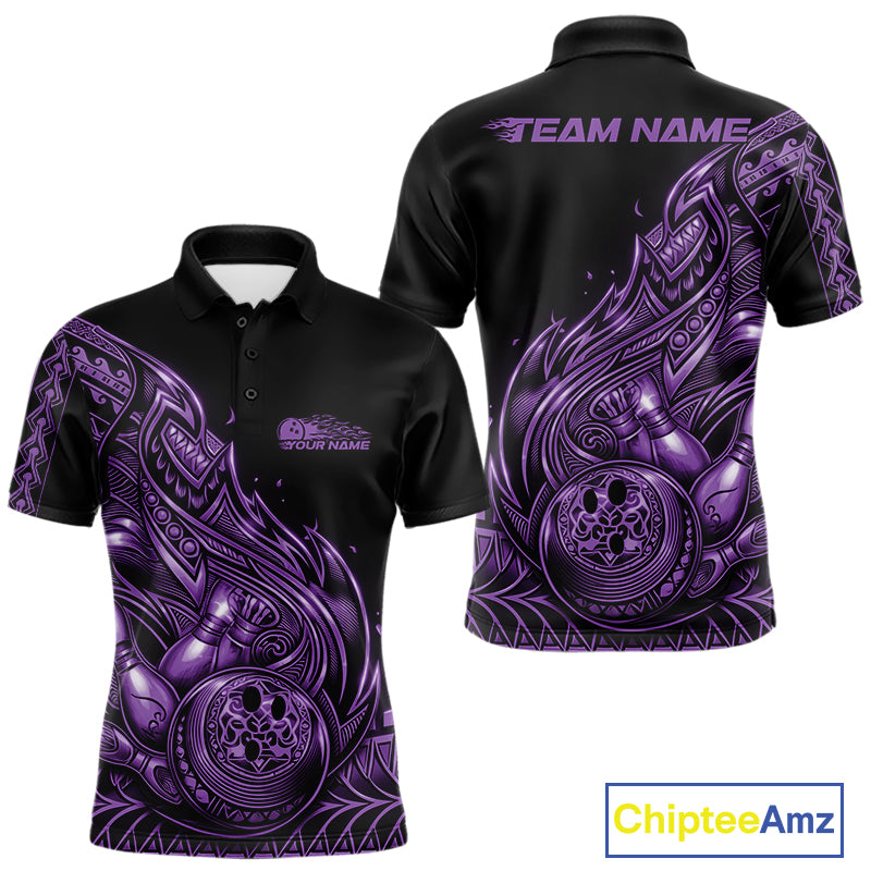 Front and back views of a black and purple mens bowling polo shirt featuring bowling ball and pin artwork with flowing tribal flames.