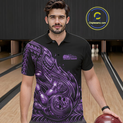 Male model wearing a black and purple bowling polo shirt at the bowling lane with Polynesian-style bowling graphics.