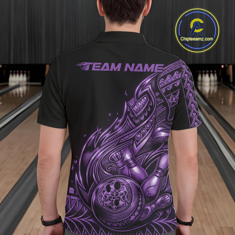 Back view of a male model in a black and purple bowling polo shirt showcasing tribal flame bowling artwork.