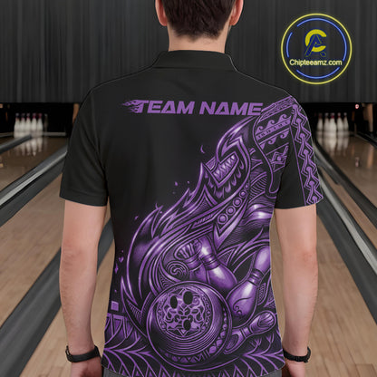 Back view of a male model in a black and purple bowling polo shirt showcasing tribal flame bowling artwork.