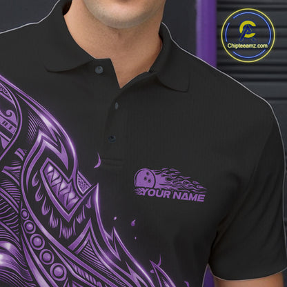 Left chest close-up of a black and purple bowling polo shirt displaying bowling motifs accented by flowing tribal flames.