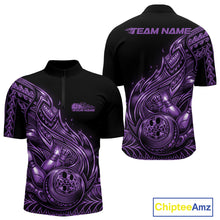 Load image into Gallery viewer, Custom Black And Purple Tribal Flame Bowling Men Quarter-Zip Shirts, Polynesian Bowler Outfit IPHW10974
