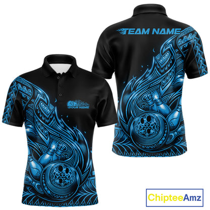 Front and back views of a black and blue mens bowling polo shirt showcasing bowling pins and a ball with flowing tribal flame details.