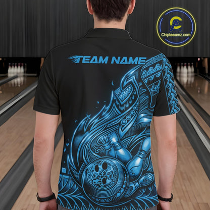 Back view of a male model in a black and blue bowling polo shirt displaying tribal flame artwork and bowling motifs.