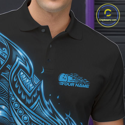 Close-up left chest detail of a black and blue bowling polo shirt featuring flowing tribal flame accents and bowling graphics.