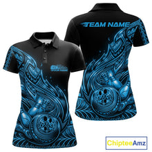 Load image into Gallery viewer, Custom Black And Blue Tribal Flame Bowling Women Polo Shirts, Polynesian Bowler Outfit IPHW10975