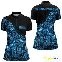 Load image into Gallery viewer, Custom Black And Blue Tribal Flame Bowling Women Shirts, Polynesian Bowler Outfit IPHW10975