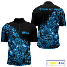 Load image into Gallery viewer, Custom Black And Blue Tribal Flame Bowling Men Quarter-Zip Shirts, Polynesian Bowler Outfit IPHW10975