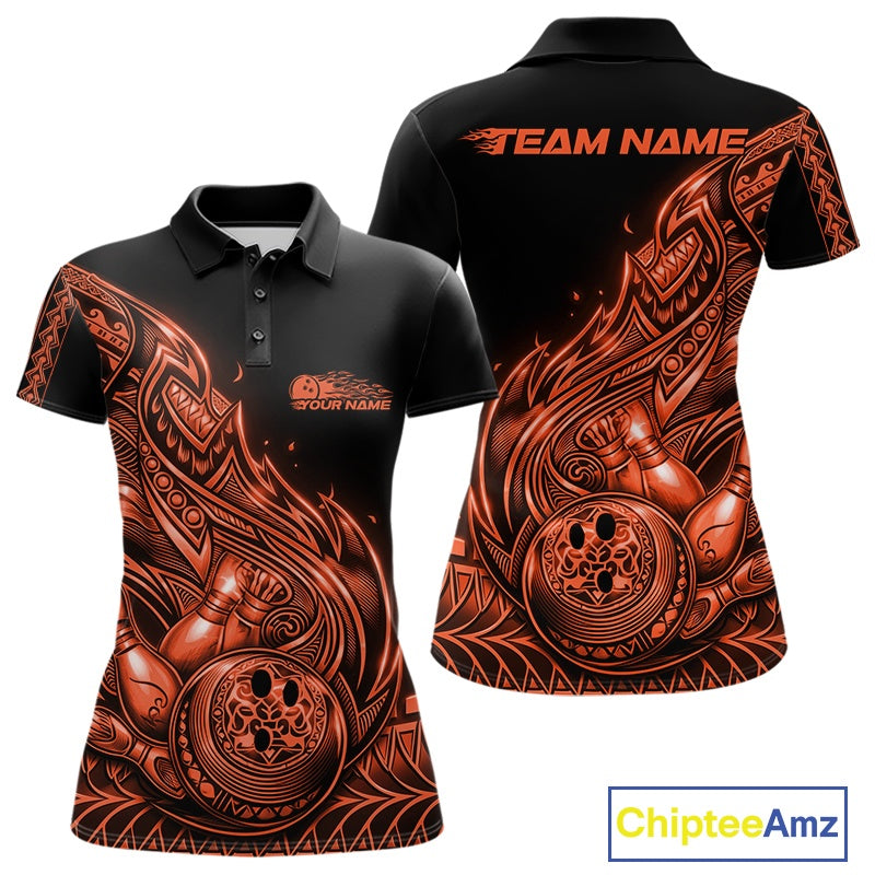 Front and back views of a black and orange womens bowling polo shirt featuring bowling ball and pin artwork with flowing tribal flame accents.