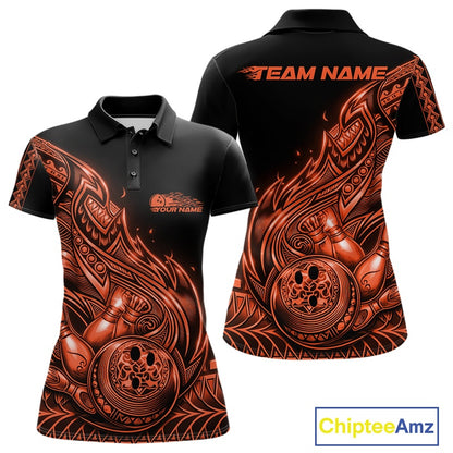 Front and back views of a black and orange womens bowling polo shirt featuring bowling ball and pin artwork with flowing tribal flame accents.
