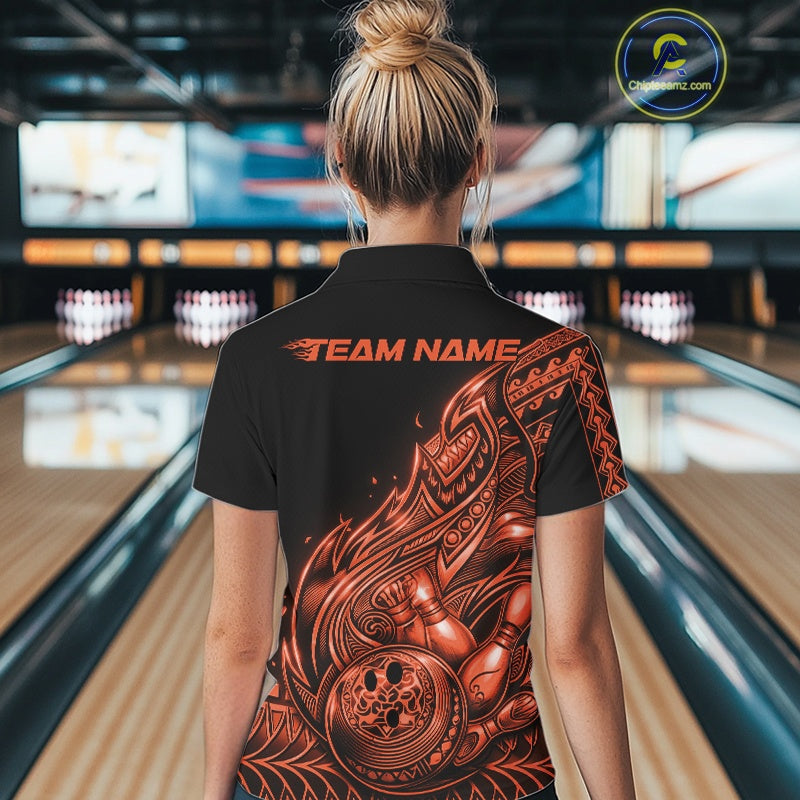 Back view of a female model in a black and orange bowling polo shirt showcasing flowing tribal bowling artwork.