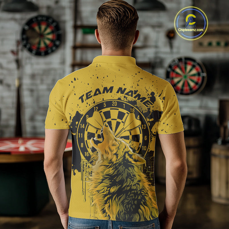 Custom Grunge Splatter Yellow Wolf Dart Men Polo Shirt, Wolf Dart Team Jerseys IPHW10018