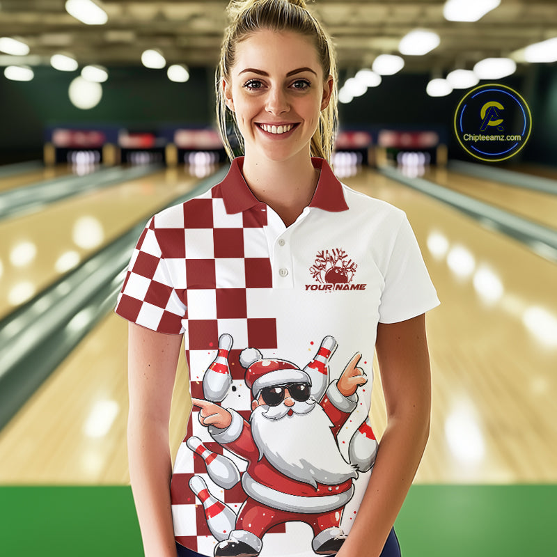 Custom Funny Santa Claus Christmas Bowling Women Polo Shirts, Xmas Bowling Team Shirt IPHW10110