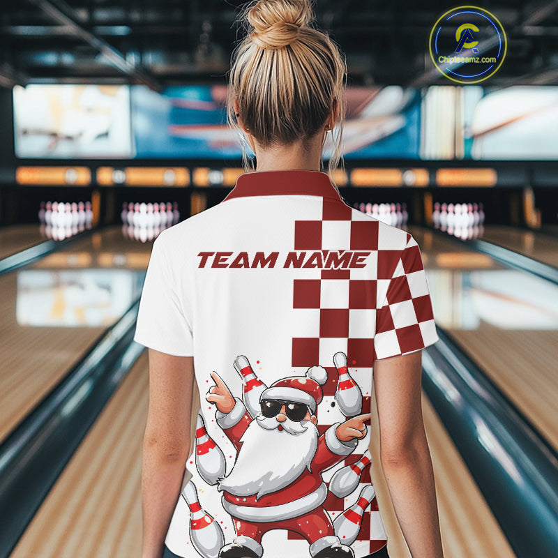 Custom Funny Santa Claus Christmas Bowling Women Polo Shirts, Xmas Bowling Team Shirt IPHW10110