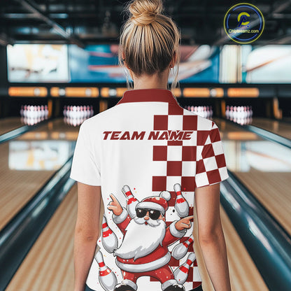 Custom Funny Santa Claus Christmas Bowling Women Polo Shirts, Xmas Bowling Team Shirt IPHW10110