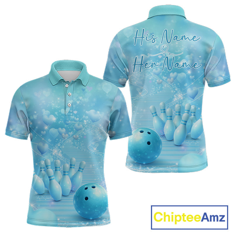 Custom Blue Valentine Bowling Shirts For Couple, Heart Theme Bowling Jerseys With His Name And Her Name IPHW10479