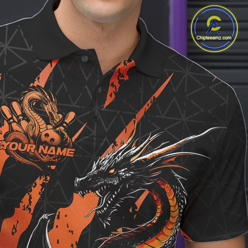 Custom Black And Orange Dragon Bowling Men Polo Shirts, Team Bowling Jerseys IPHW10748