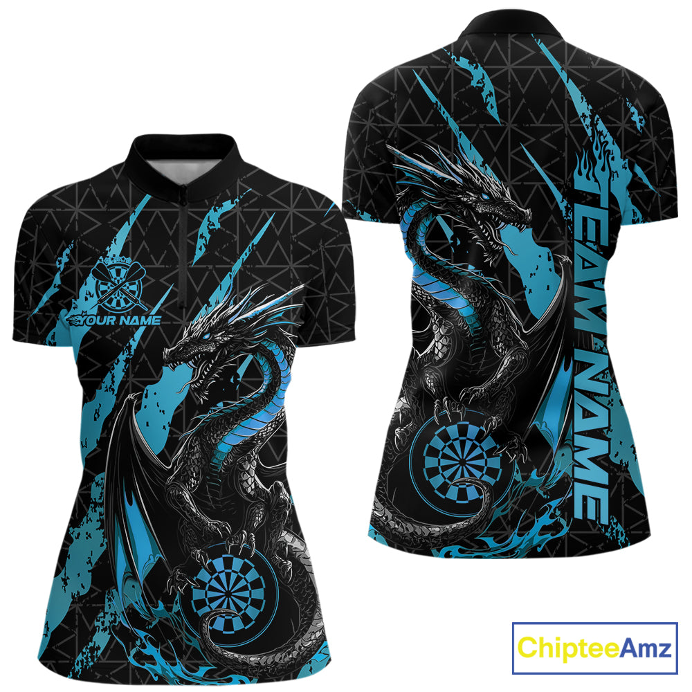 Custom Black And Blue Dragon Dart Women Quarter-Zip Shirts, Team Dart Jerseys IPHW10753