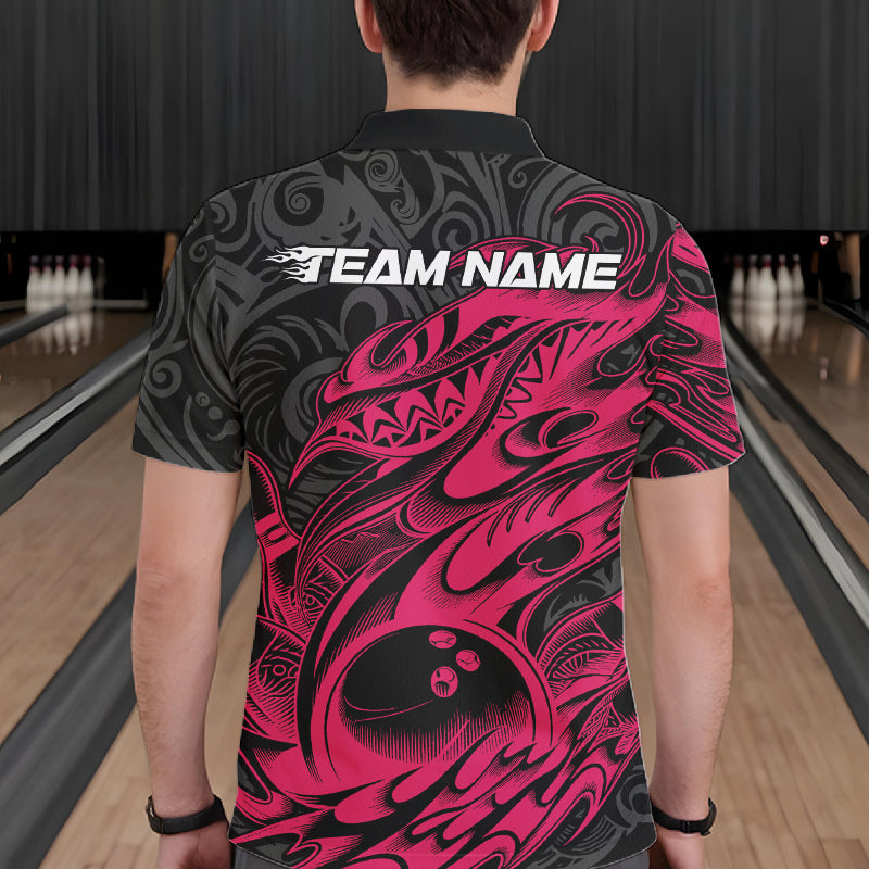 Custom Black And Pink Tribal Polynesian Bowling Team Men Shirts, Niho Mano Bowling Shirt IPHW10755