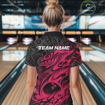 Custom Black And Pink Tribal Polynesian Bowling Women Shirts, Niho Mano Bowling Shirt IPHW10755