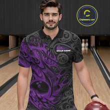 Load image into Gallery viewer, Custom Black And Purple Tribal Polynesian Bowling Team Men Shirts, Niho Mano Bowling Shirt IPHW10756