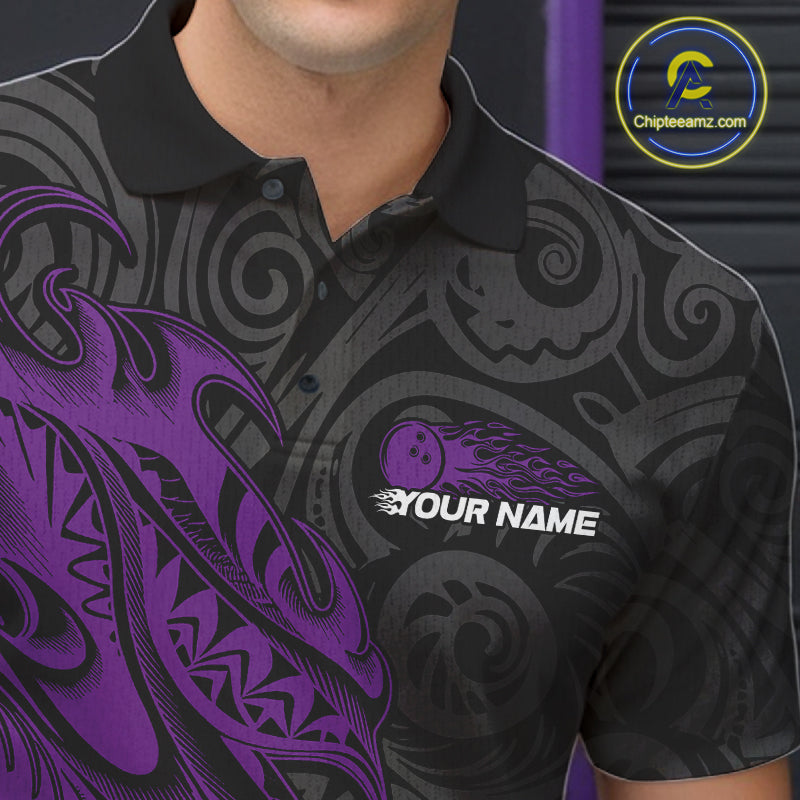 Custom Black And Purple Tribal Polynesian Bowling Team Men Shirts, Niho Mano Bowling Shirt IPHW10756