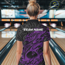 Load image into Gallery viewer, Custom Black And Purple Tribal Polynesian Bowling Women Shirts, Niho Mano Bowling Shirt IPHW10756
