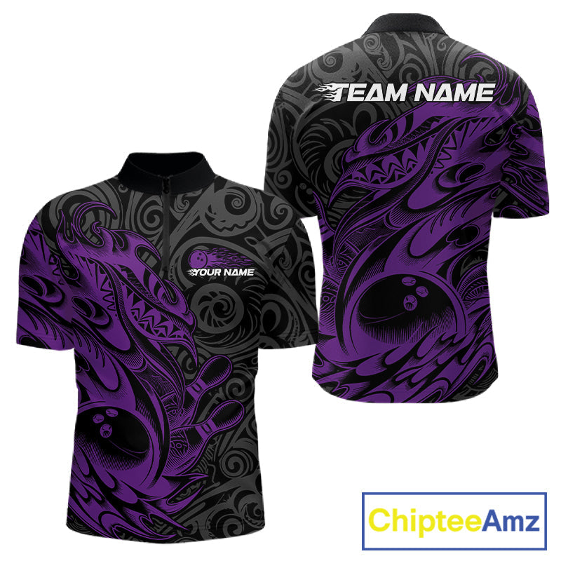 Custom Black And Purple Tribal Polynesian Bowling Team Men Shirts, Niho Mano Bowling Shirt IPHW10756