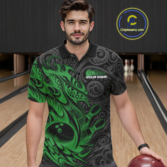 Custom Black And Green Tribal Polynesian Bowling Team Men Shirts, Niho Mano Bowling Shirt IPHW10757