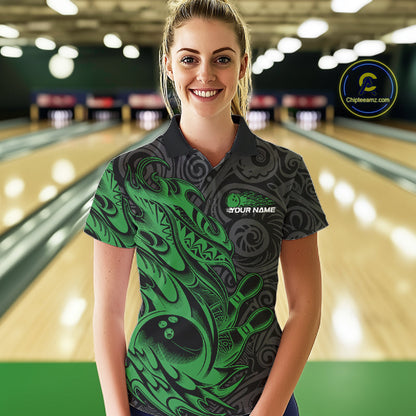 Custom Black And Green Tribal Polynesian Bowling Team Women Shirts, Niho Mano Bowling Shirt IPHW10757