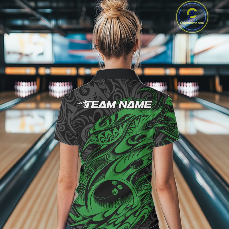 Custom Black And Green Tribal Polynesian Bowling Team Women Shirts, Niho Mano Bowling Shirt IPHW10757